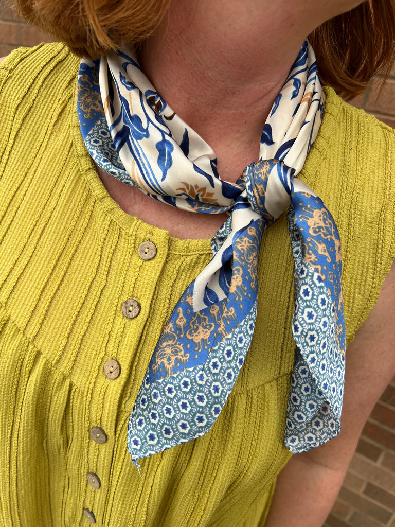 Blue Floral Printed Silk Scarf