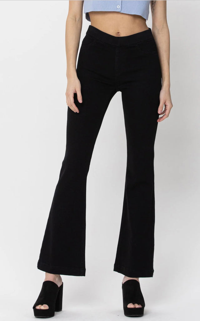 Mid Rise Pull On Flare Black Denim Pant