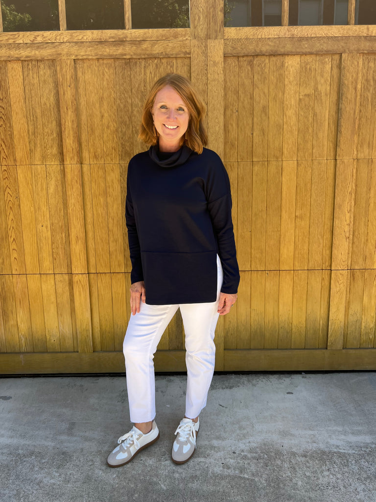 Navy Cowl Neck Tunic With Side Slits