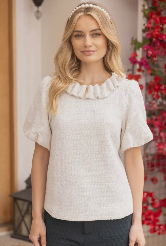 Pearl Ruffle Neck Top