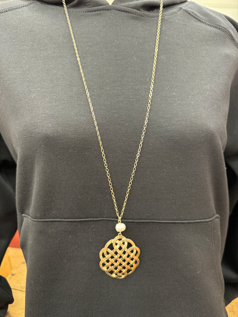 Pearl and Knot Weave Pendant Long Necklace