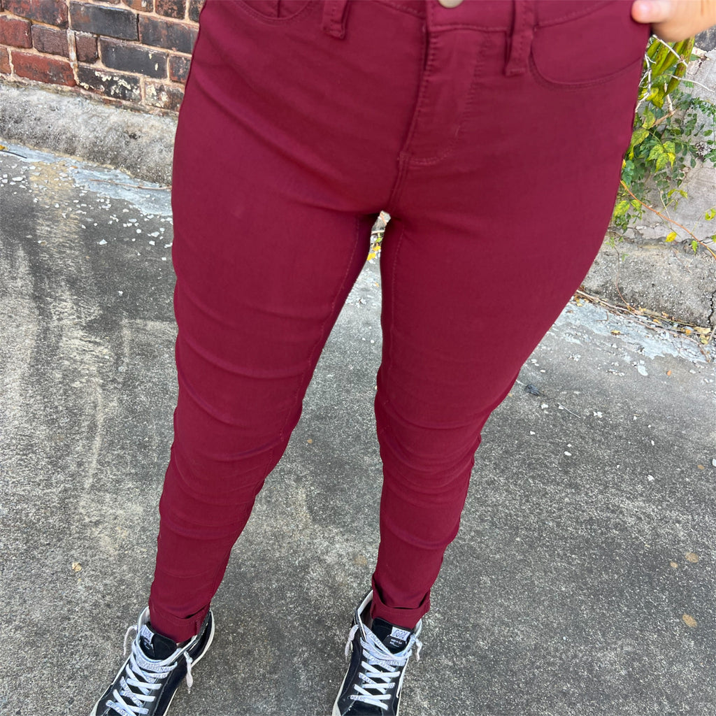 Burgundy hyper stretch skinny denim
