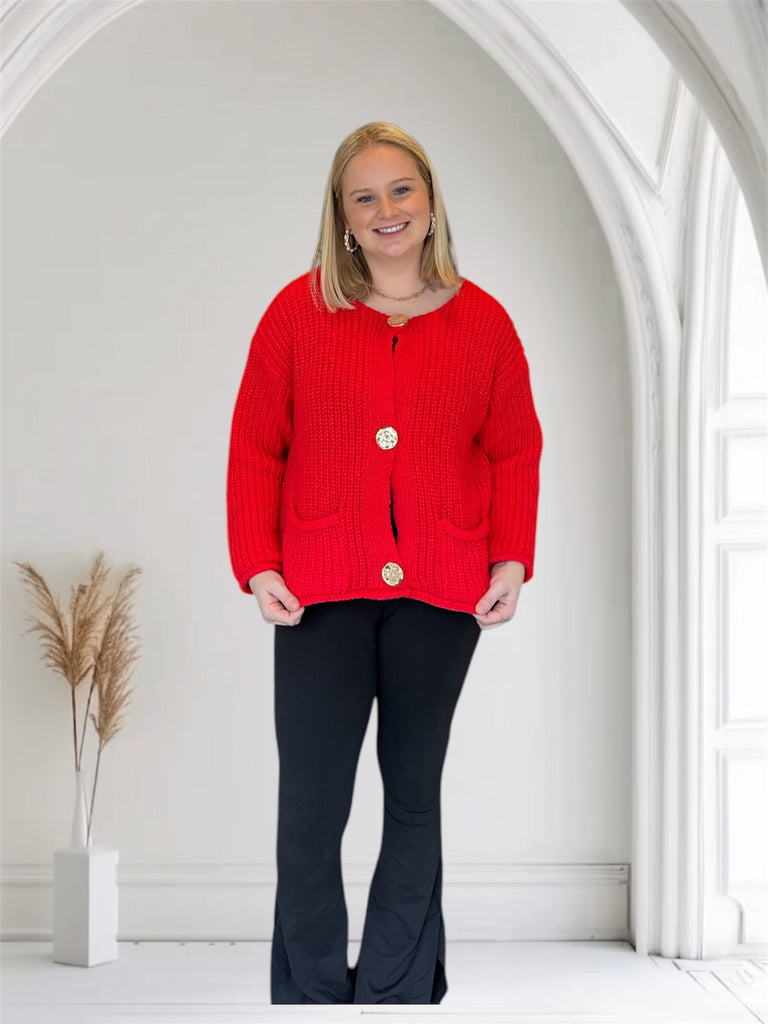 Red Sweater with Gold Buttons