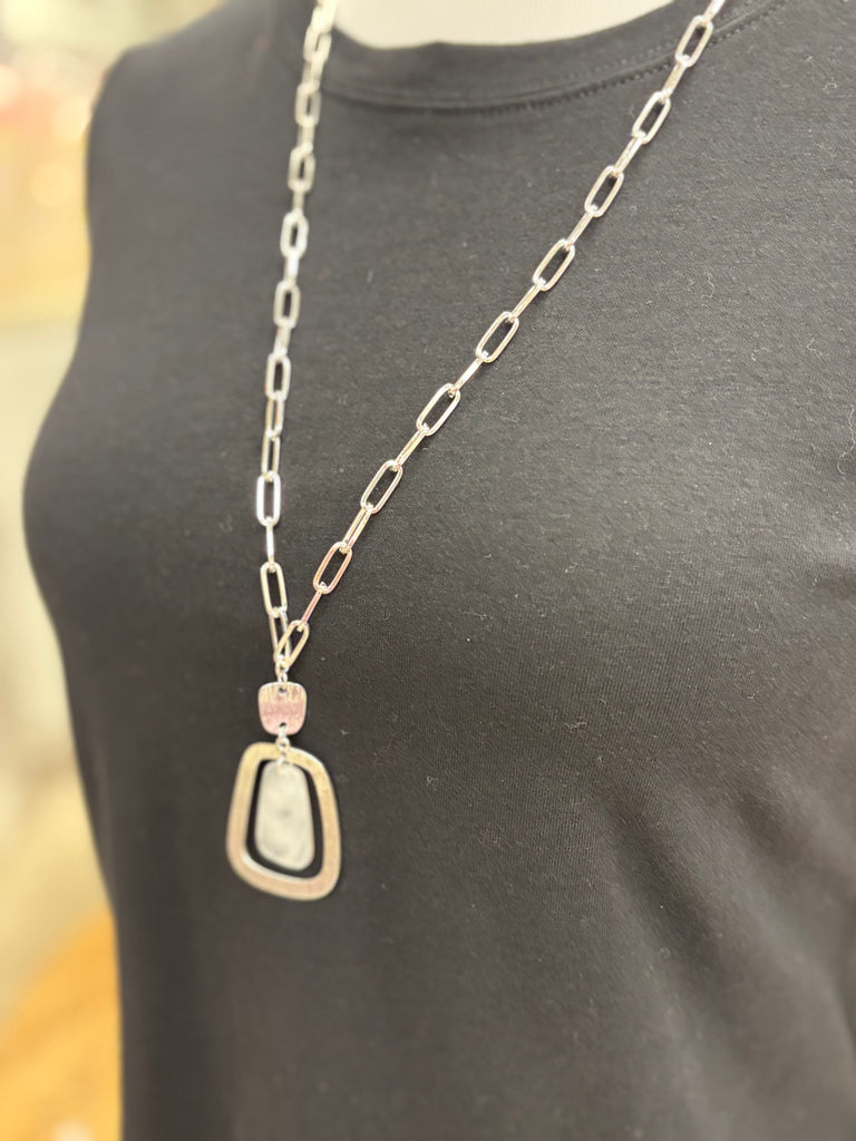 Rectangle Pearl Window Silver Necklace