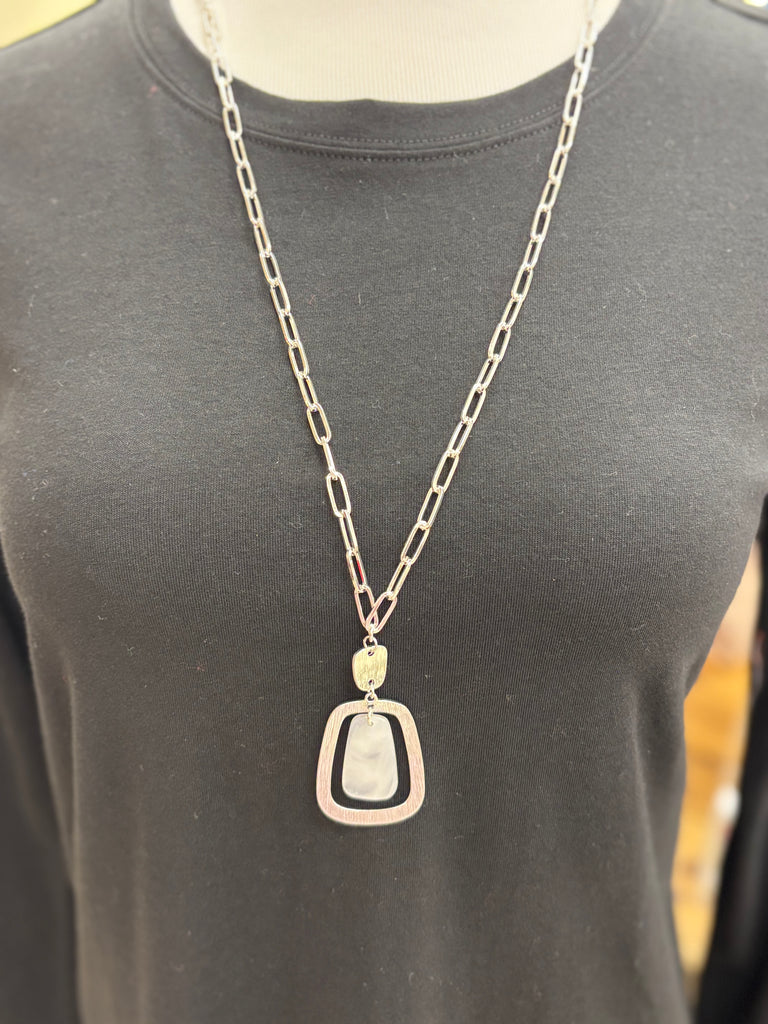 Rectangle Pearl Window Silver Necklace