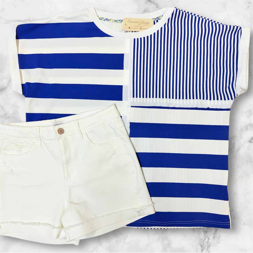 Blue & White Multi Striped Boyfriend Top