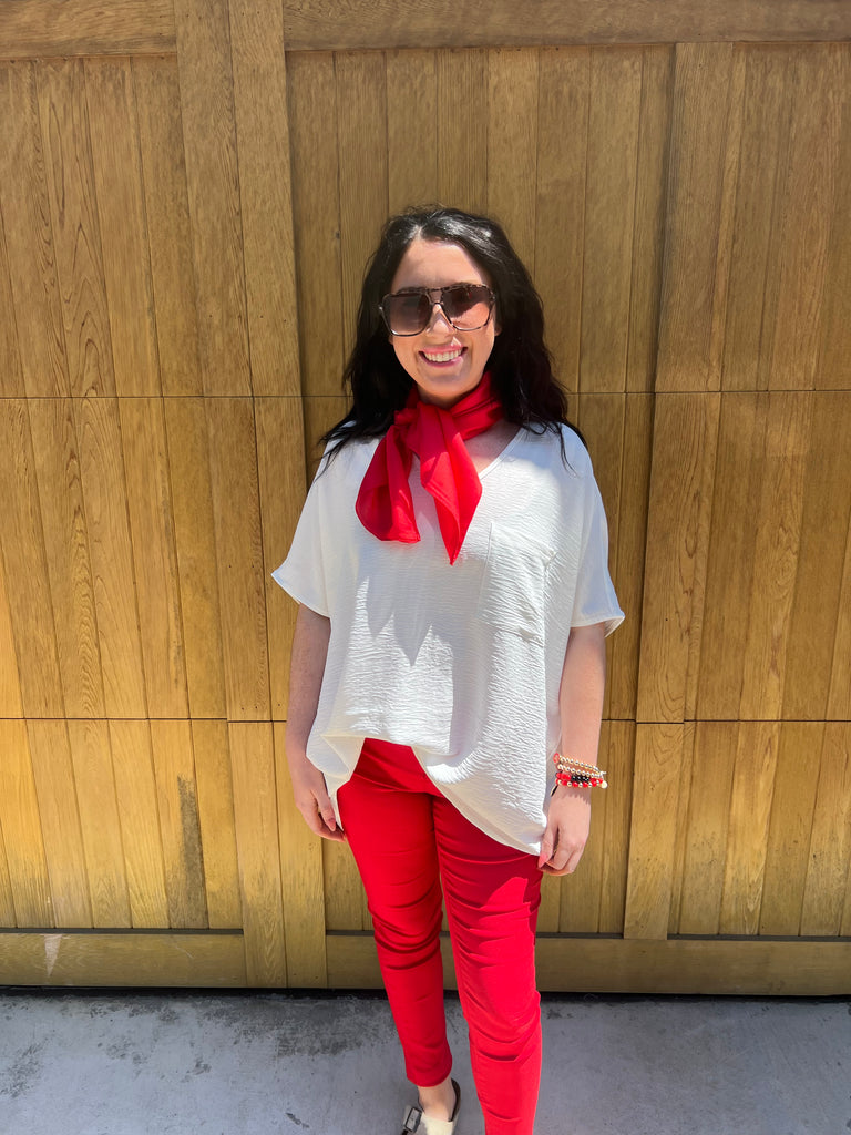 White V Neck Boyfriend Top with Pocket