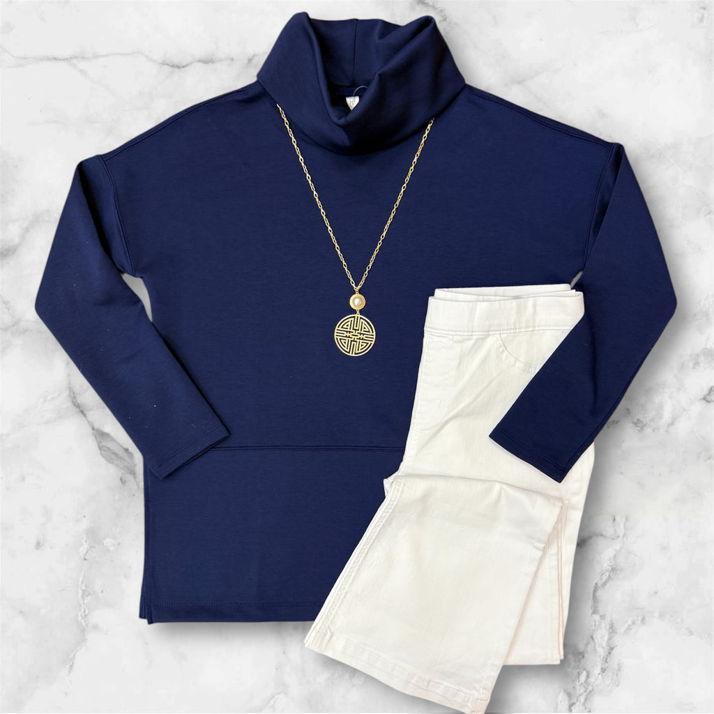 Navy Cowl Neck Tunic With Side Slits