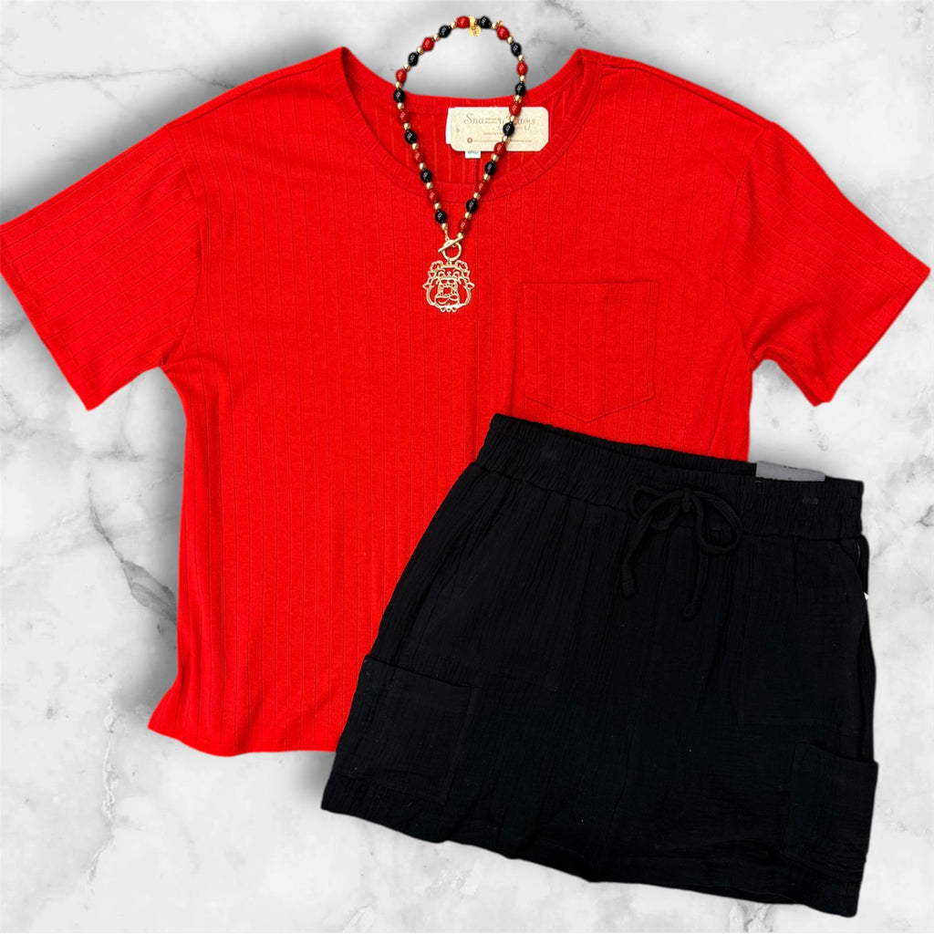 Red Ribbed Top With Pocket