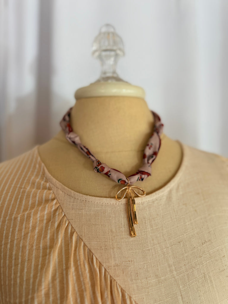 Brown Floral Silk Scarf Charm Necklace