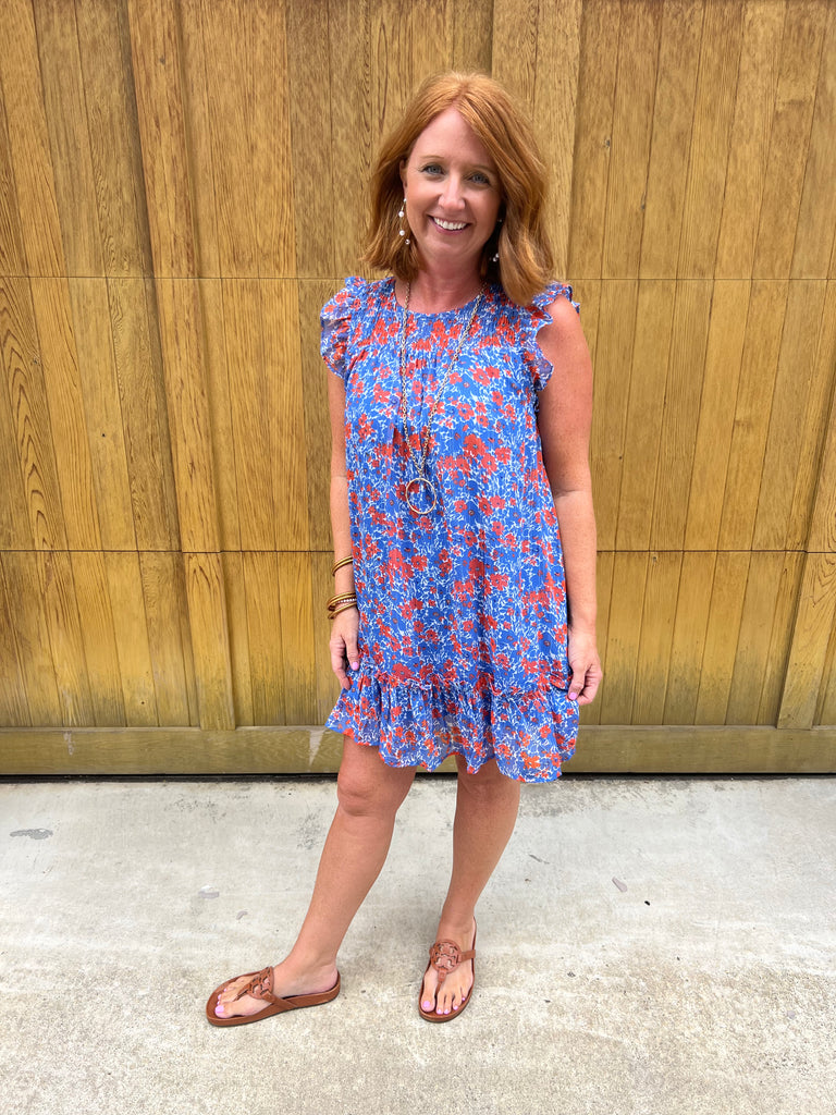 Blue and Orange Floral Shimmer Dress