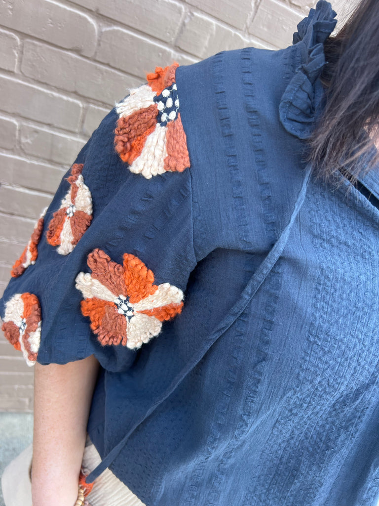 Navy Embroidered Puff Sleeve Top