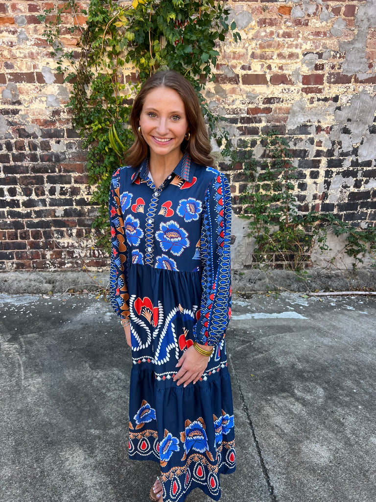 Navy Floral Tiered Midi Dress Snazzy Rags