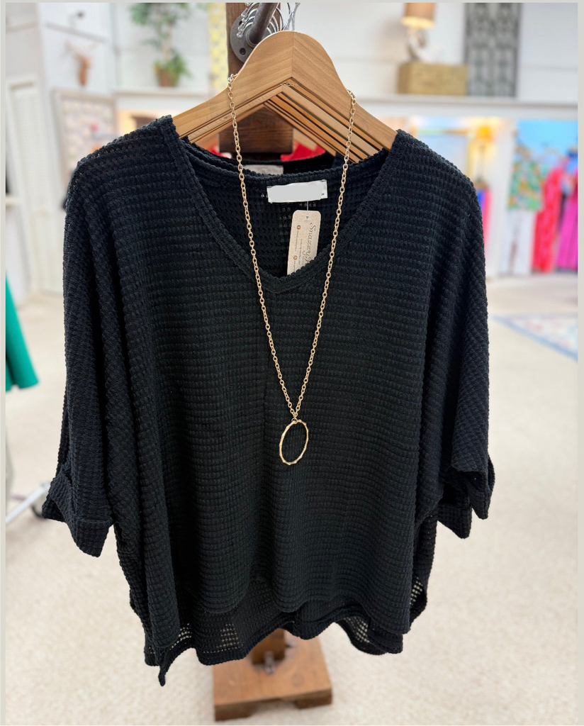 Black Waffle Knit Slub Top