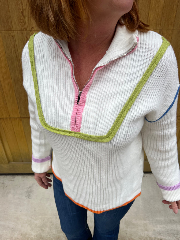 White Sweater with Multi Colored trim