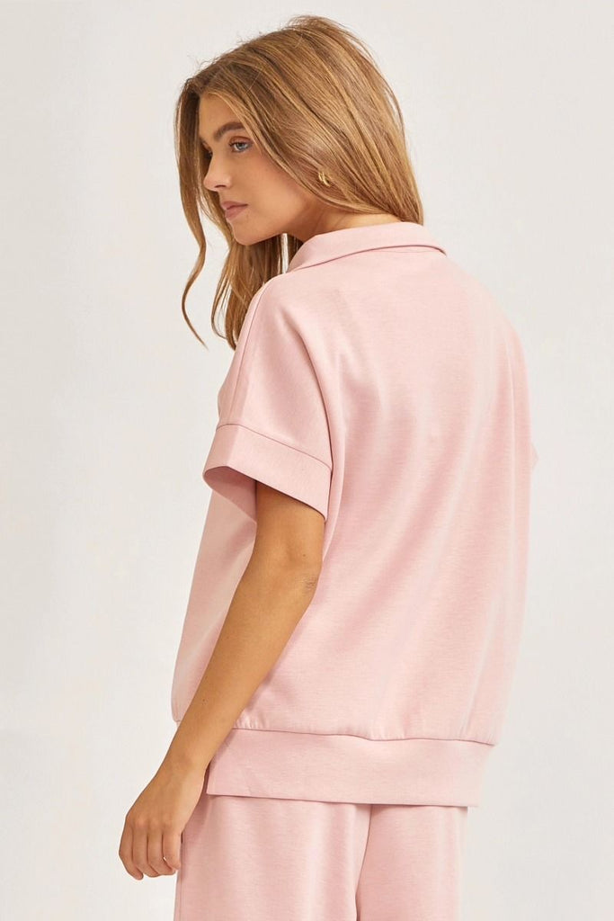 Catalina Short Sleeve Half Zipper Top w/ Wide Leg Pants in Blush