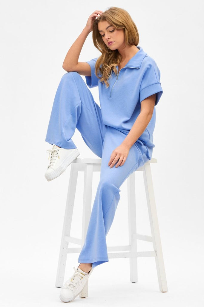 Catalina Short Sleeve Half Zipper Top with Wide Leg Pants Set in Sky Blue