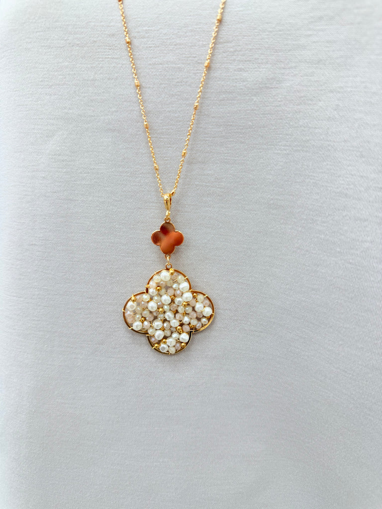 Gold Necklace with Beaded Quatrefoil Pendant