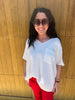 White V Neck Boyfriend Top with Pocket