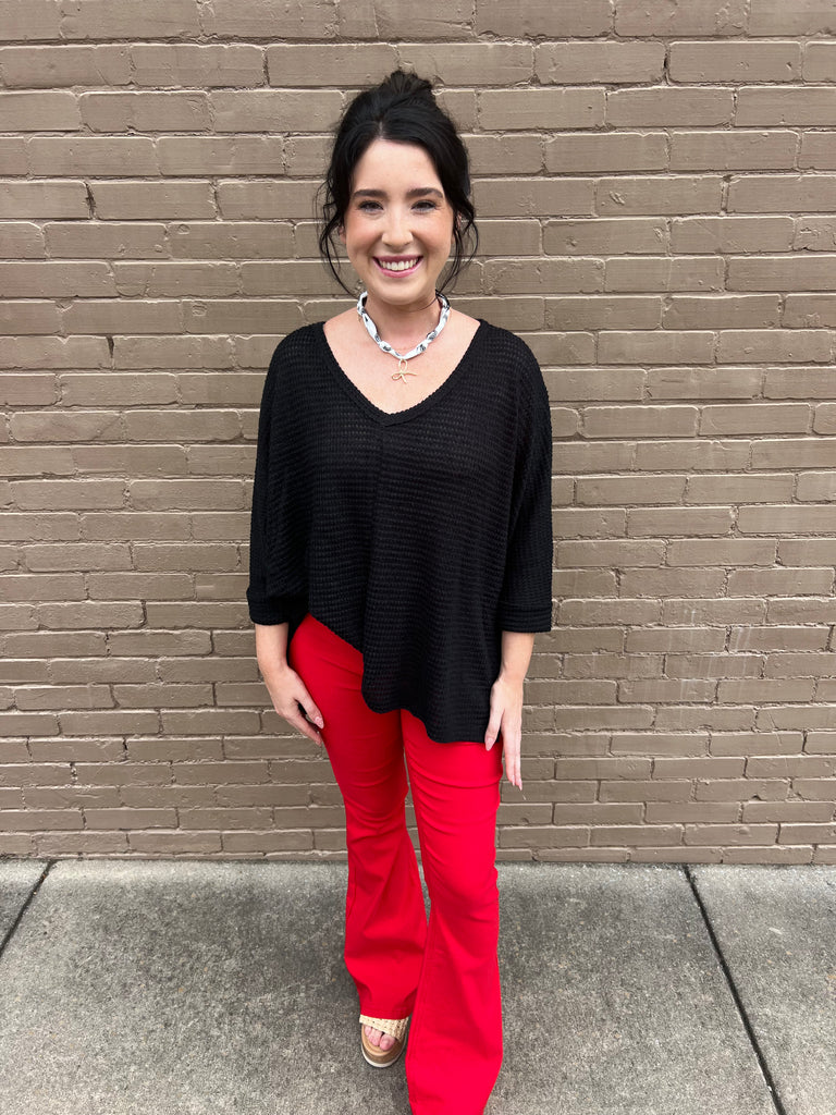 Black Waffle Knit Slub Top