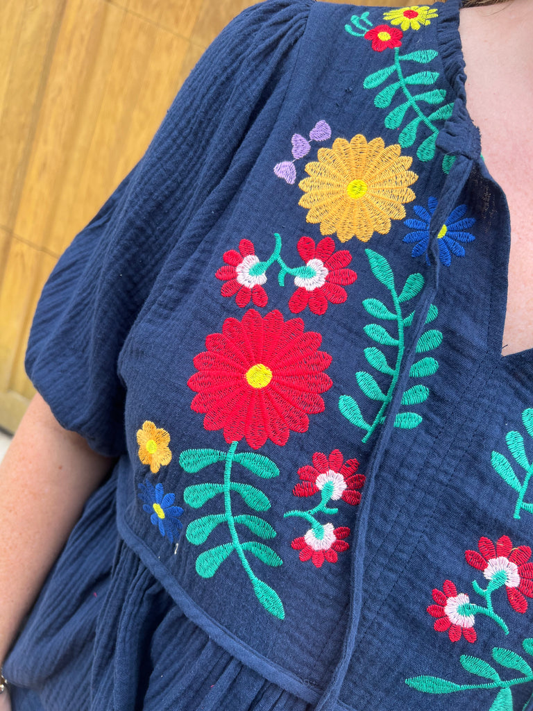 Navy Floral Embroidered Top