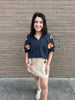 Navy Embroidered Puff Sleeve Top